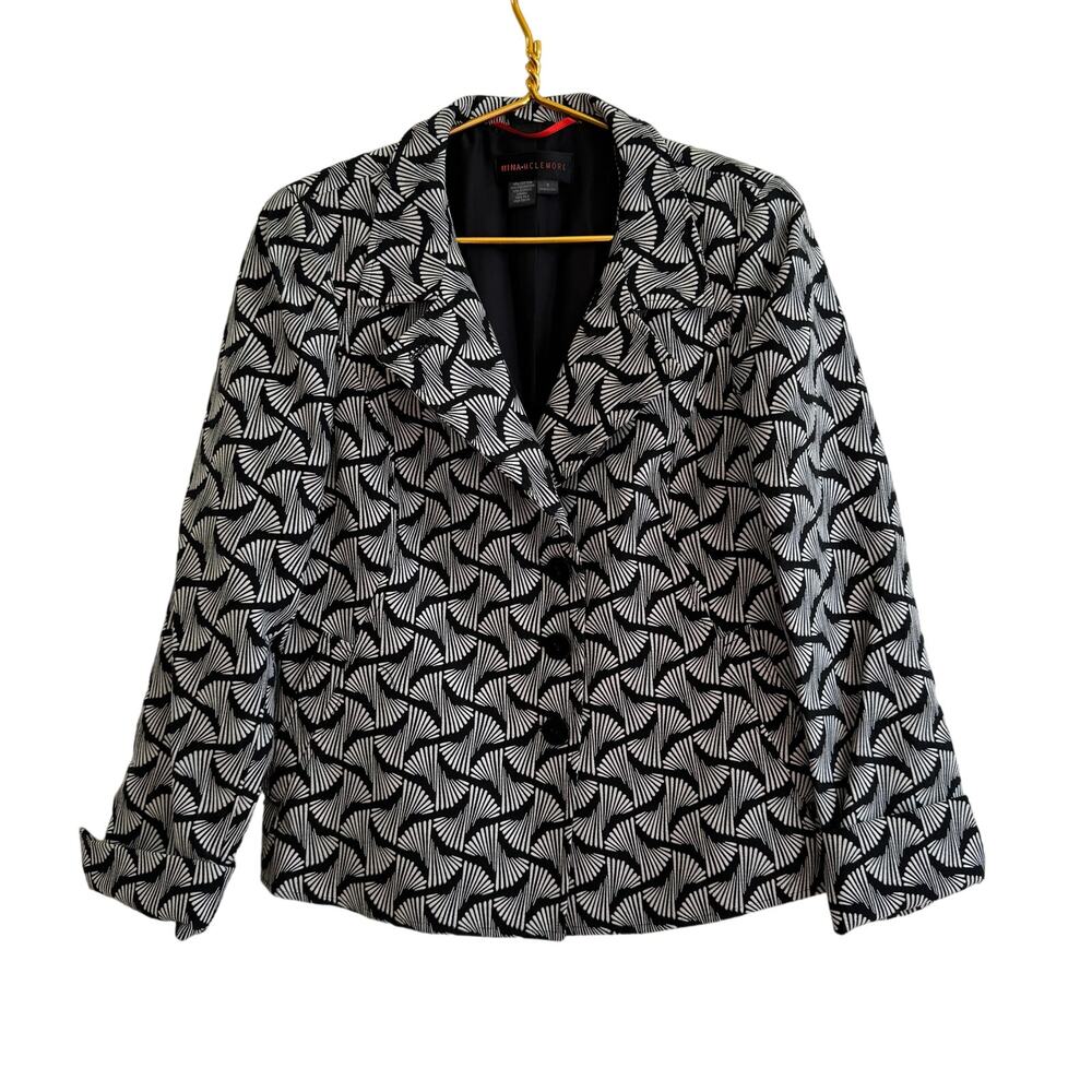 Nina Mclemore VTG Bowtie Print Notch Lapel Blazer Jacket in Black & Gray Size 8